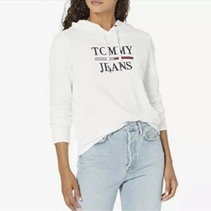 TOMMY HILFIGER women sweatshirt hoodie T12H0CFE white cotton blend sz L.